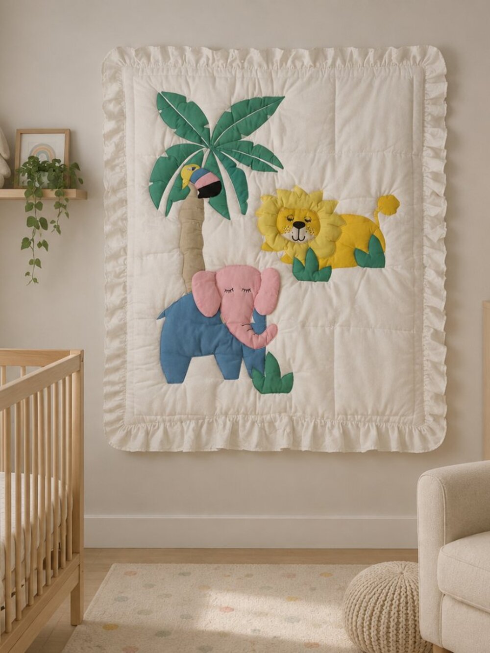 Handmade Jungle Animal Quilt white Vintage 90s Safari Nursery Baby Blanket